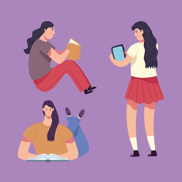 Group of readers girls reading books characters illustration