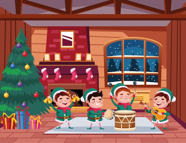 Group of santa helpers playing instruments in the house illustration