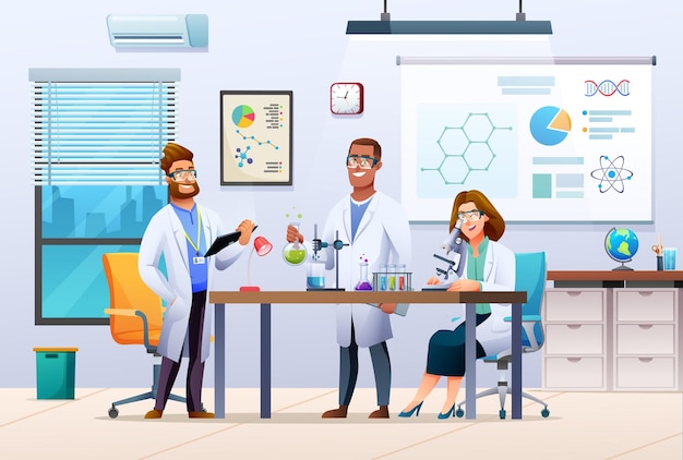 Group of scientists conducting experiments in science laboratory scientific research illustration