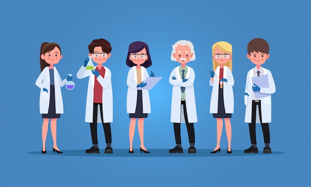 Group of scientists with gloves and gowns, illustration cartoon character.