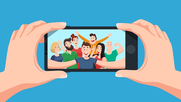 Group selfie on smartphone. photo portrait of friendly youth team, friends make photos on phone camera cartoon