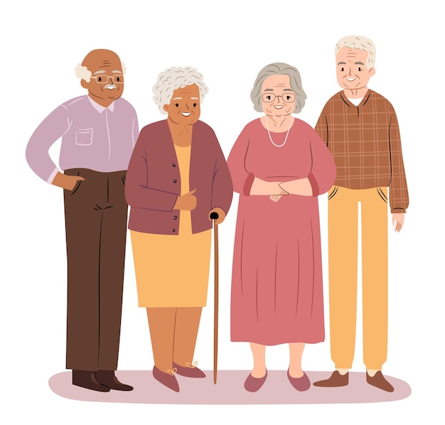 Vector group of seniors. happy elderly people standing together. flat vector illustration