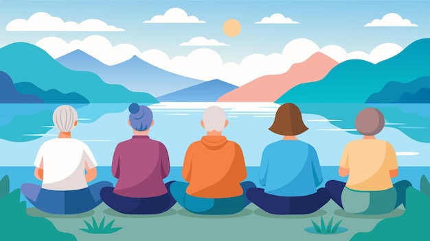 A group of seniors sit quietly by a glistening lake fully immersed in a guided meditation during