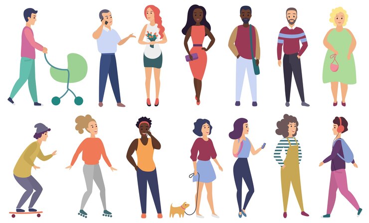 Vector group set of male and female people in casual clothes