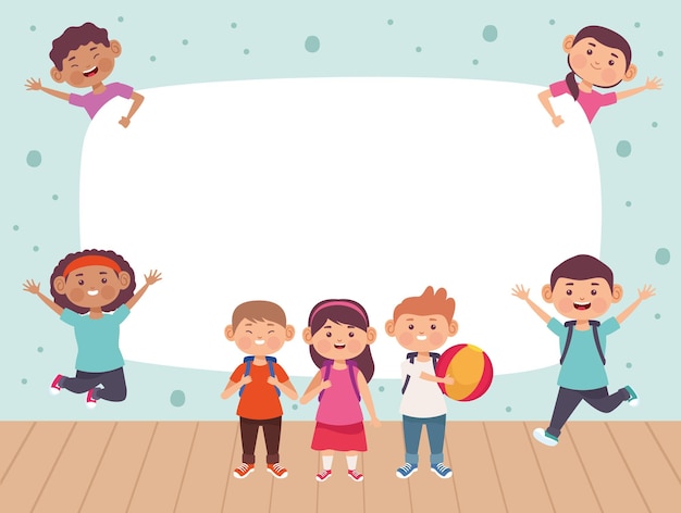 group seven kids illustration with blank space