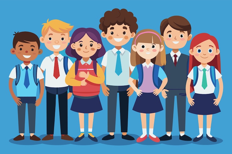 Vector a group of seven students each with unique appearances and personalities stand together likely in a classroom setting they are all wearing school uniforms