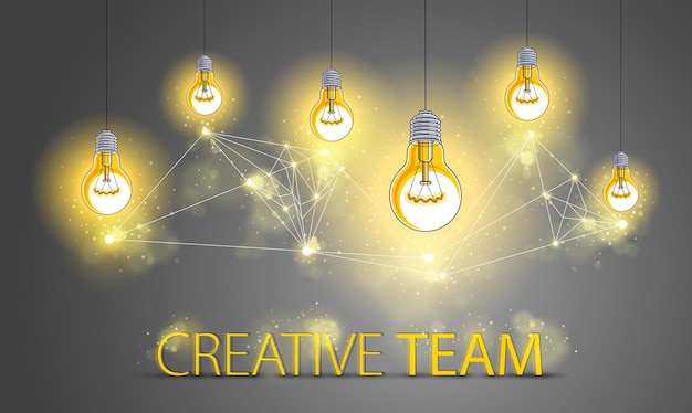 輝く電球のグループは、アイデアが一緒に働く創造的な人々のチームワーク、創造的なチームの概念、ベクトルイラストのアイデアを表しています。