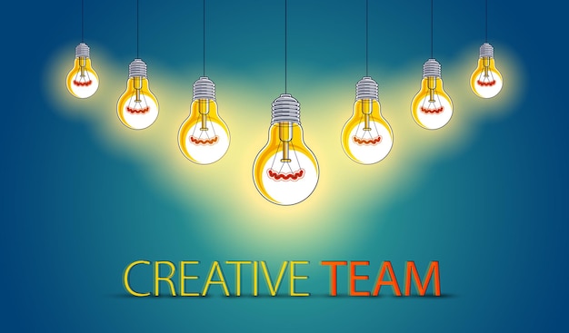 빛나는 전구 그룹은 함께 일하는 아이디어, 창의적인 팀 개념, 벡터 일러스트레이션을 가진 창의적인 사람들의 팀워크에 대한 아이디어를 나타냅니다.