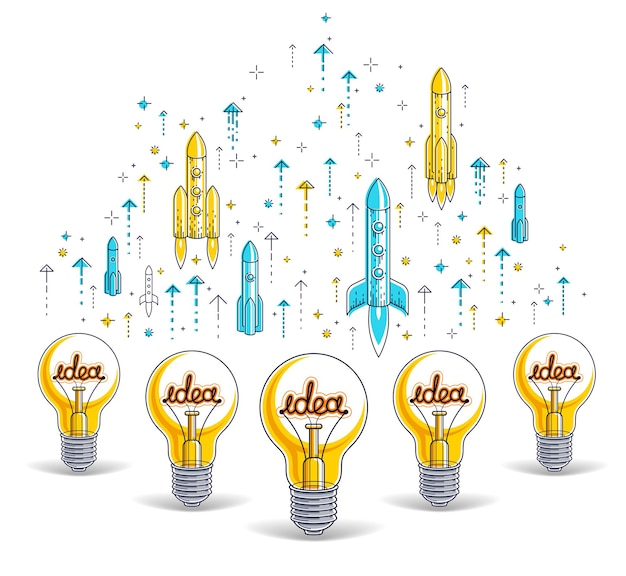 Vector group of shining light bulbs and set of launching rockets, startup ideas concept, teamwork, creative business team, vector illustration.