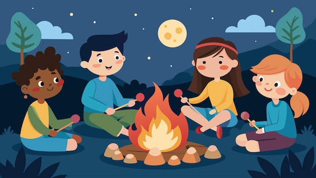 A group of siblings gathered around a campfire roasting marshmallows and sharing childhood memories