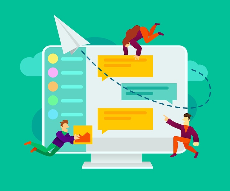 Vector group of small people doin conversation on social media or online chat application can be use for