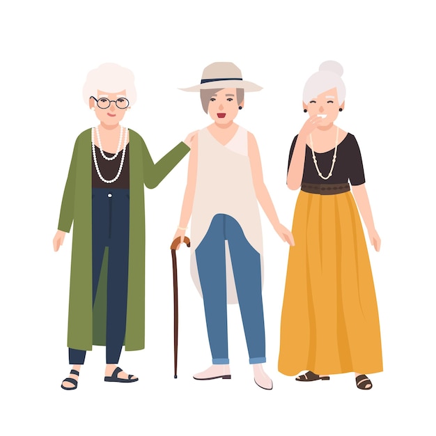 Group of smiling elderly women dressed in elegant clothes standing and talking to each other. old ladies walking together. female cartoon characters isolated on white background. vector illustration