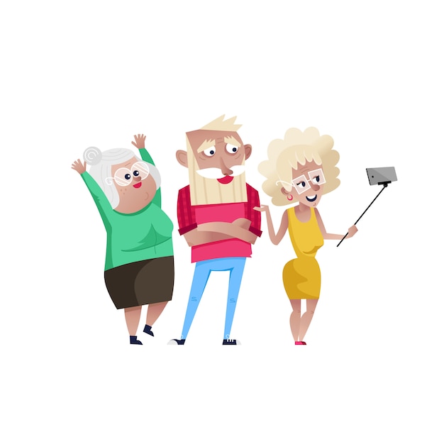 Vector group of smiling mature people doing selfie