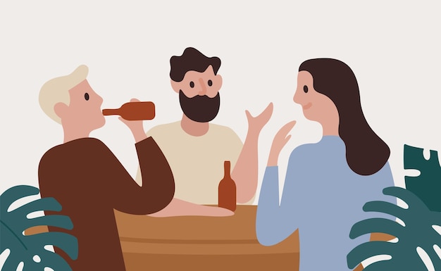 group of smiling people drink beer at bar together vector flat illustration. happy friends talking and holding bottle with alcohol isolated on white. joyful person sit at table surrounded by plants.
