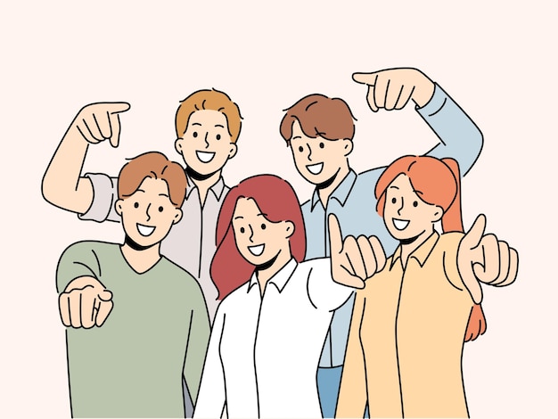 Group of smiling people point at screen