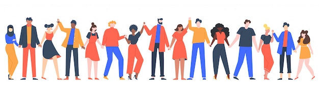 Vector group of smiling people. team of young men and women holding hands, characters standing together, friendship, unity concept  illustration. group people woman and man standing
