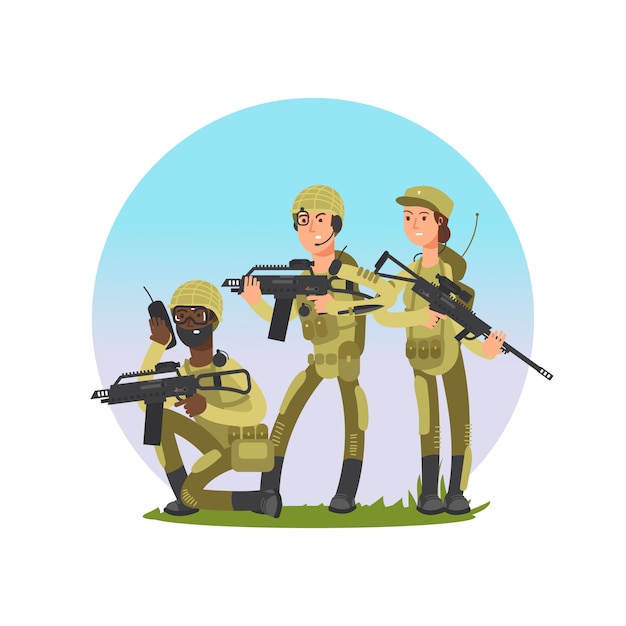 兵士のベクトル図のグループ。軍の男性と女性の漫画のキャラクター