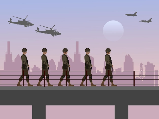 A group of soldiers walking on a bridge in a warring city There are helicopters and fighters in the sky