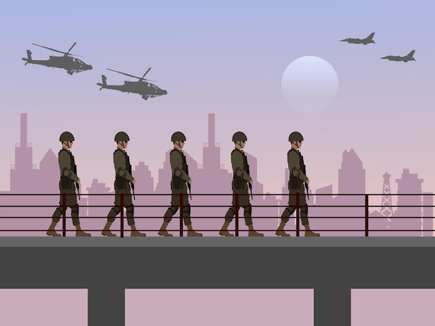 A group of soldiers walking on a bridge in a warring city there are helicopters and fighters in the sky