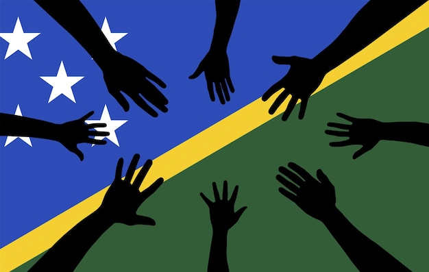 手を集めるソロモン島の人々のグループ ベクトル シルエット統一またはサポートのアイデア