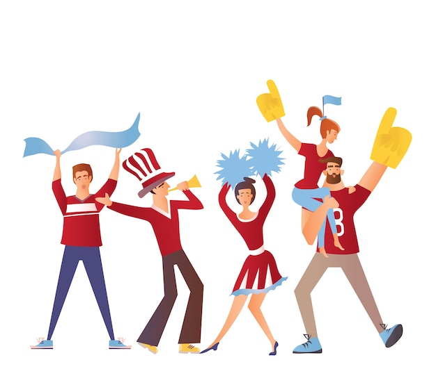 Group of sport fans with football attributes cheering for the team. Flat Cartoon character.