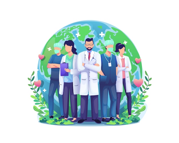 Vector group of staff medical doctors and nurses standing in front of the world globe