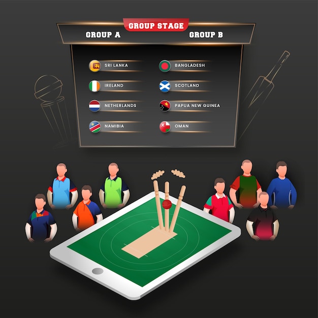 Group stage a vs b list with faceless cricket players and ball hits wicket stump (run out) over smartphone screen on black background.