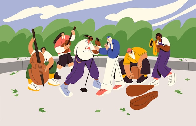 Gruppo di musicisti di strada che suonano strumenti musicali e cantano all'aperto banda di intrattenimento di cantanti e strumentisti nel parco cittadino illustrazione vettoriale piatta di giovani con microfono