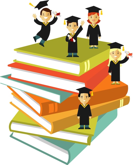 Group of Student Graduates on Books Stack Background