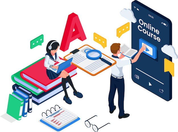 Vector group of students accessing learning videos on smartphone isometric online learning illustration concept people watch learning video course at cell phone device vector