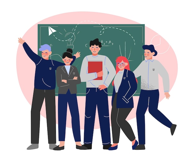 Group of Students Standing Together in Front of Blackboard Teenage Boys and Girls in Uniform in Classroom Vector Illustration