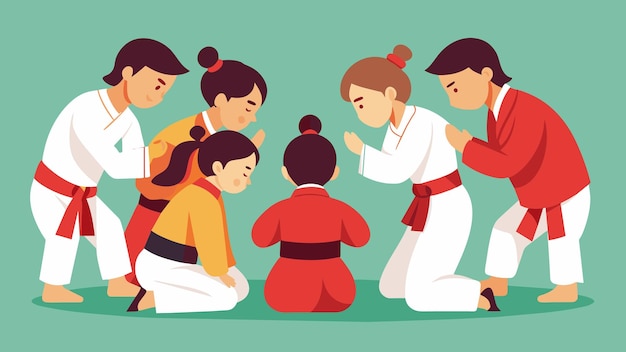 A group of students in traditional martial arts uniforms bow to each other showing mutual respect