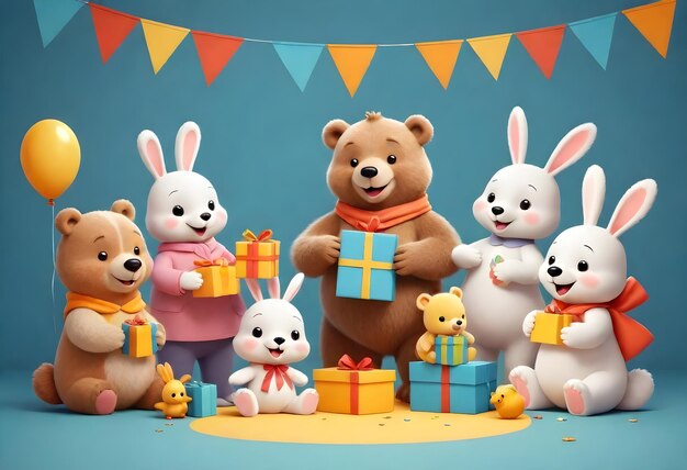 A group of stuffed animals with presents around them