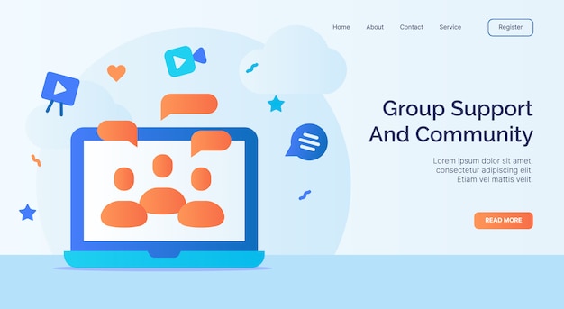 group support and community for campaign web website home homepage landing page template with filled color modern flat style design.