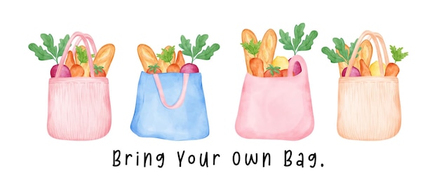 Vector group of sweet pastel ecofriendly reusable shopping bag full of fresh vegetables watercolor hand drawing illustration banner