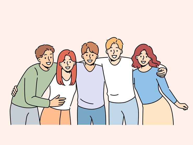 Vector 10代の高校生のグループが抱き合って笑う、仲間やクラスメートと友達になることを楽しむ 教育サービスの広告画面を見ている幸せな10代の若者のチーム