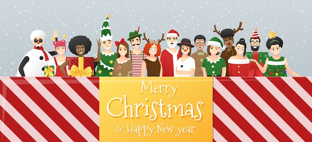 Vector group of teens in christmas costume christmas greeting