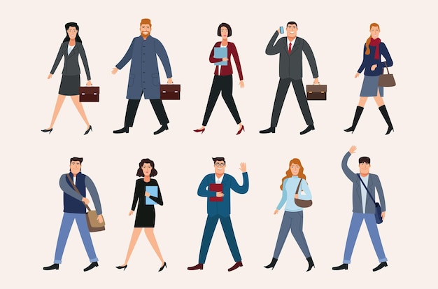 Group of ten business persons walking back to office characters illustration