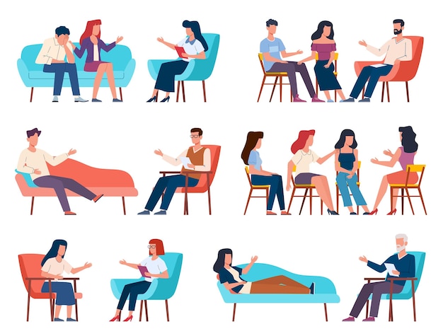 Group therapy. men and women talking to psychotherapist or psychologist. psychoanalysis and family psychotherapy, mental problems counseling and therapy with support group vector characters collection