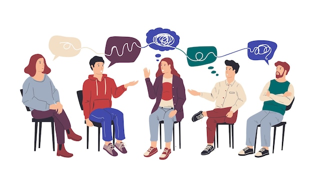 Group therapy People at collective psychotherapy Counseling and mental health support from addiction psychologist help session Men and women with speech bubbles vector illustration