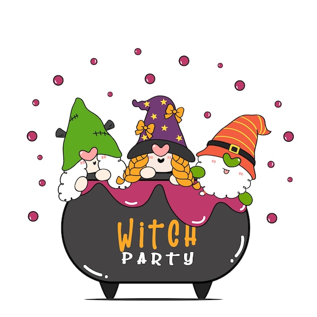 Group of three happy halloween witch gnome party in poison brew pot cauldron flat cartoon character