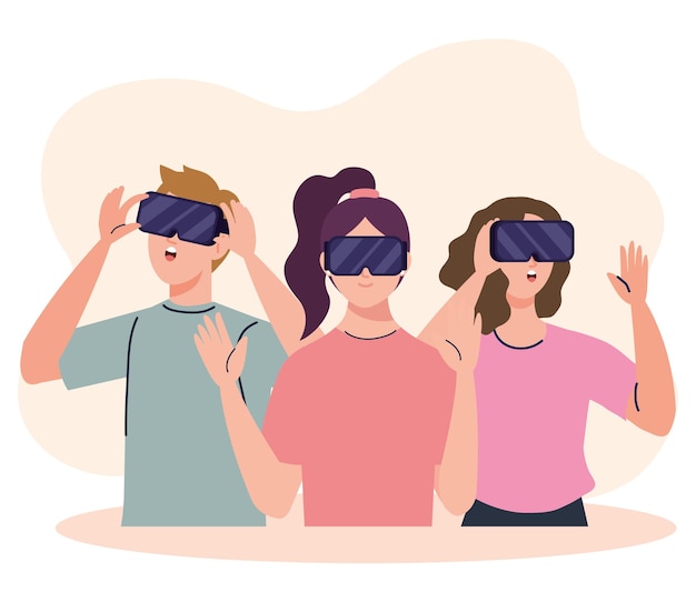 Группа из трех молодых людей, использующих устройства технологии виртуальной реальности маски