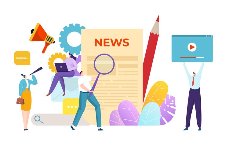 Group of tiny people character male hold magnifying glass newspaper broadcast flat vector