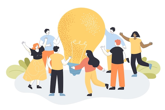 Group of tiny people standing around lightbulb at office meeting. work community creating new idea or finding solution to problem flat vector illustration. team brainstorming, business idea concept