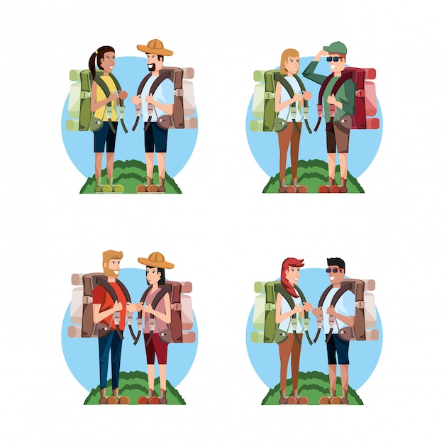 Vector group of tourists and set icons