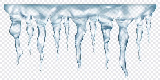 Vector group of translucent gray realistic icicles of different lengths, connected at the top, isolated on transparent background. transparency only in vector format