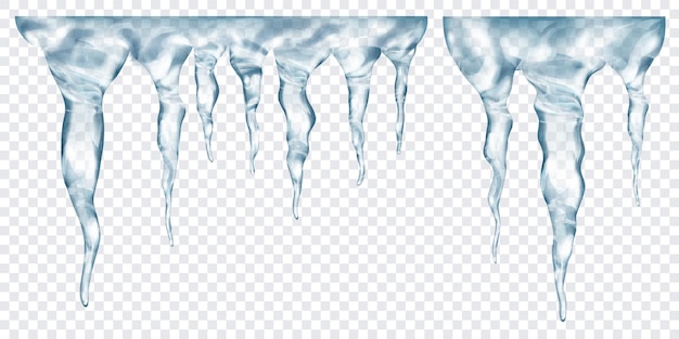 Vector group of translucent gray realistic icicles of different lengths, connected at the top, isolated on transparent background. transparency only in vector format