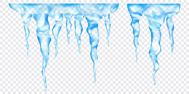 Group of translucent light blue realistic icicles of different lengths, connected at the top, isolated on transparent background. Transparency only in vector format