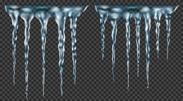 Group of translucent light blue realistic icicles of different lengths connected at the top. for use on dark background. transparency only in vector format