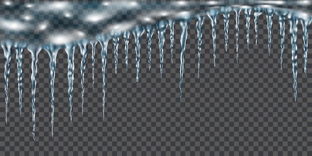 Gruppo di ghiaccioli realistici blu-chiaro traslucidi di diverse lunghezze collegati nella parte superiore. per l'uso su sfondo scuro. trasparenza solo in formato vettoriale